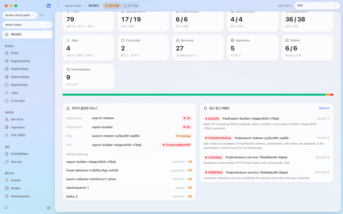 주의가 필요한 리소스 — 준비되지 않은 Deployment, Pending · CrashLoopBackOff인 Pod, 재시작이 많은 Pod 목록과 BackOff · FailedScheduling · OOMKilled 같은 최근 경고 이벤트